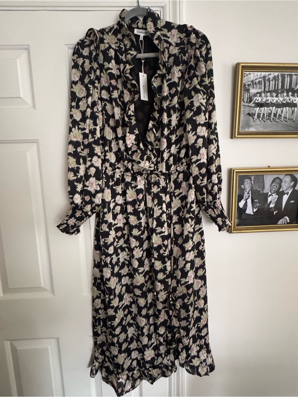Heartloom Black Floral Ruffle Midi Dress with Soft Pink & Cream Accents